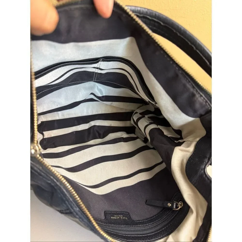 Kate Spade Classic Black Leather Purse with Zip Closure & Striped Lining